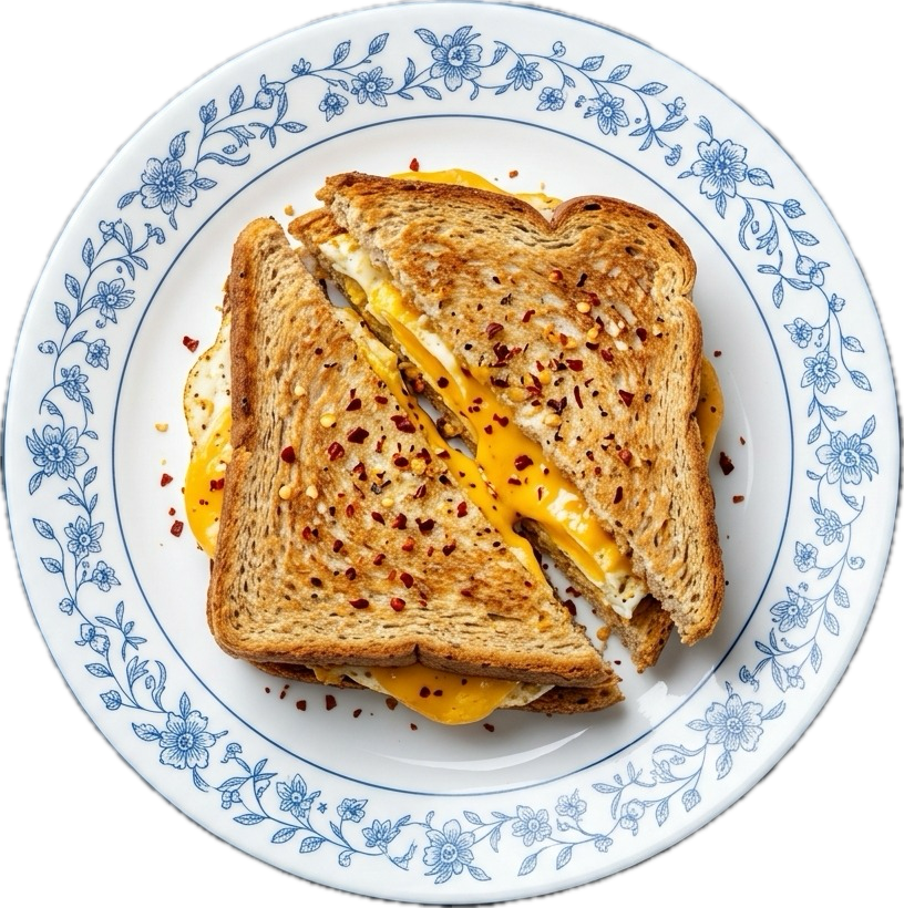 The SSS sandwich on a Corelle plate — diagonal cut, cheese melting, chili flakes scattered.